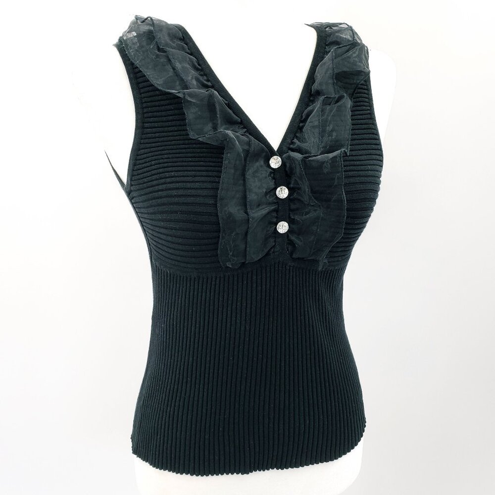 Evie Ruffle Neck Tank Top Sz P S Black Ribbed Knit Whimsygoth Dark Romance Vampy